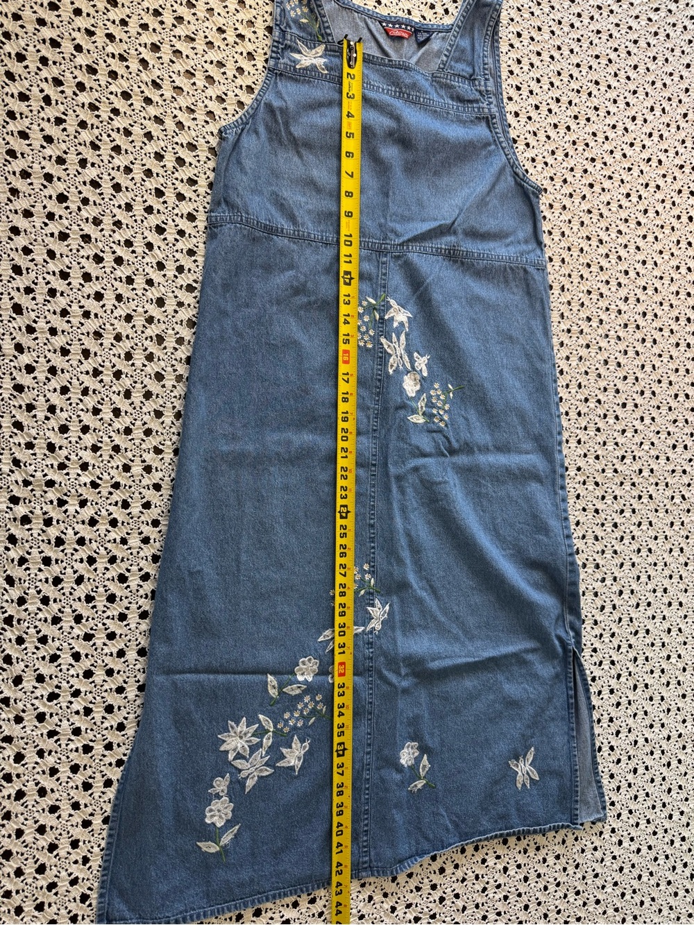 Agapo Denim Overall Midi Maxi Dress Sz M VTG 90s Y2K Embroidered Cottagecore - Picture 3 of 16